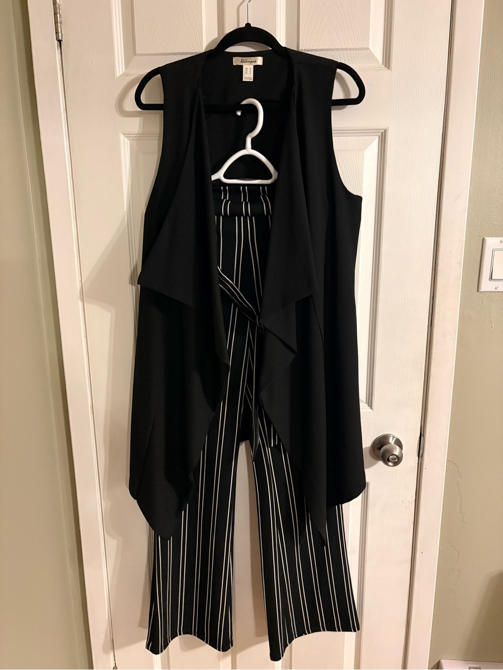 Worthington Black Draped Vest with Black & White Striped Wide-Leg Jumpsuit